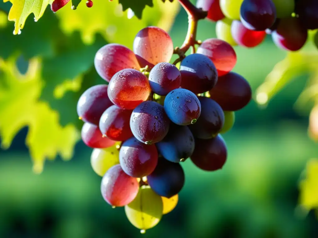 Un racimo de uvas vibrantes y soleadas, colgando de una vid retorcida