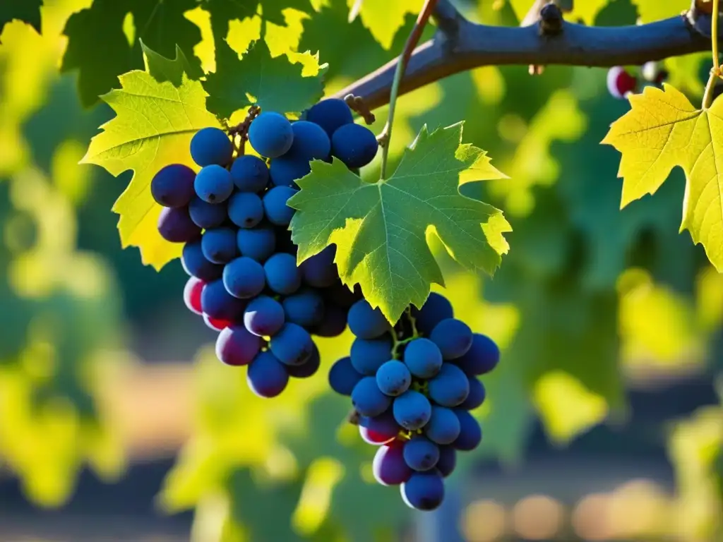 Un racimo de variedades olvidadas de uvas revolucionando la viticultura, con colores vibrantes y texturas únicas bajo el sol en un viñedo exuberante