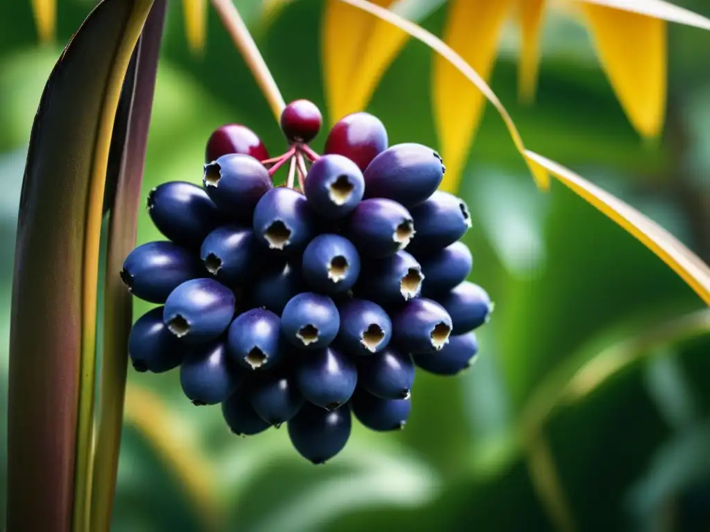 Un racimo vibrante de bayas de açaí maduras cuelga de una palmera en la exuberante selva amazónica