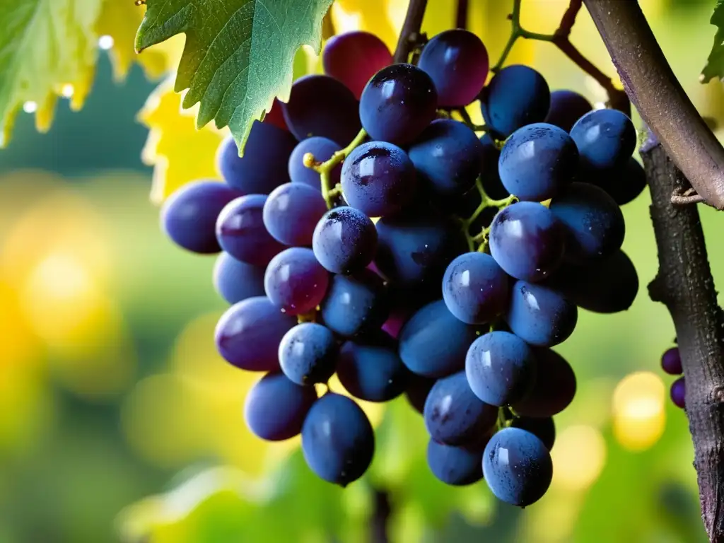 Un racimo vibrante de uvas peruanas moradas frescas con rocío, iluminadas por el sol dorado