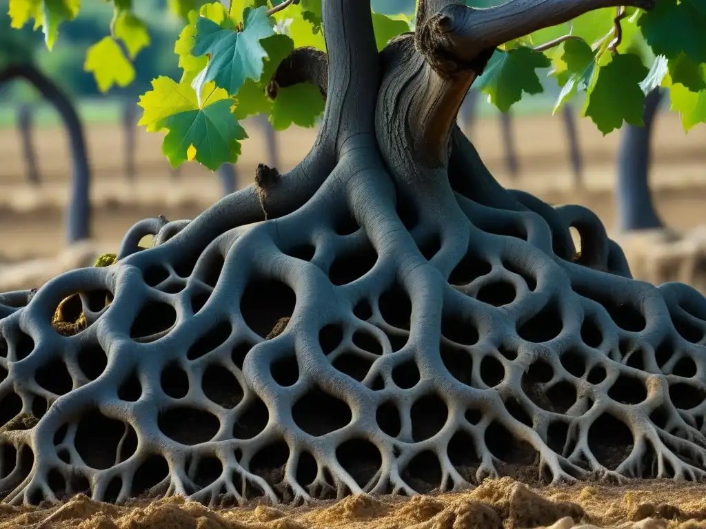 Raíces ancestrales de viñedos centenarios entrelazadas con la tierra fértil, simbolizando la historia y la conexión con la naturaleza en la enología