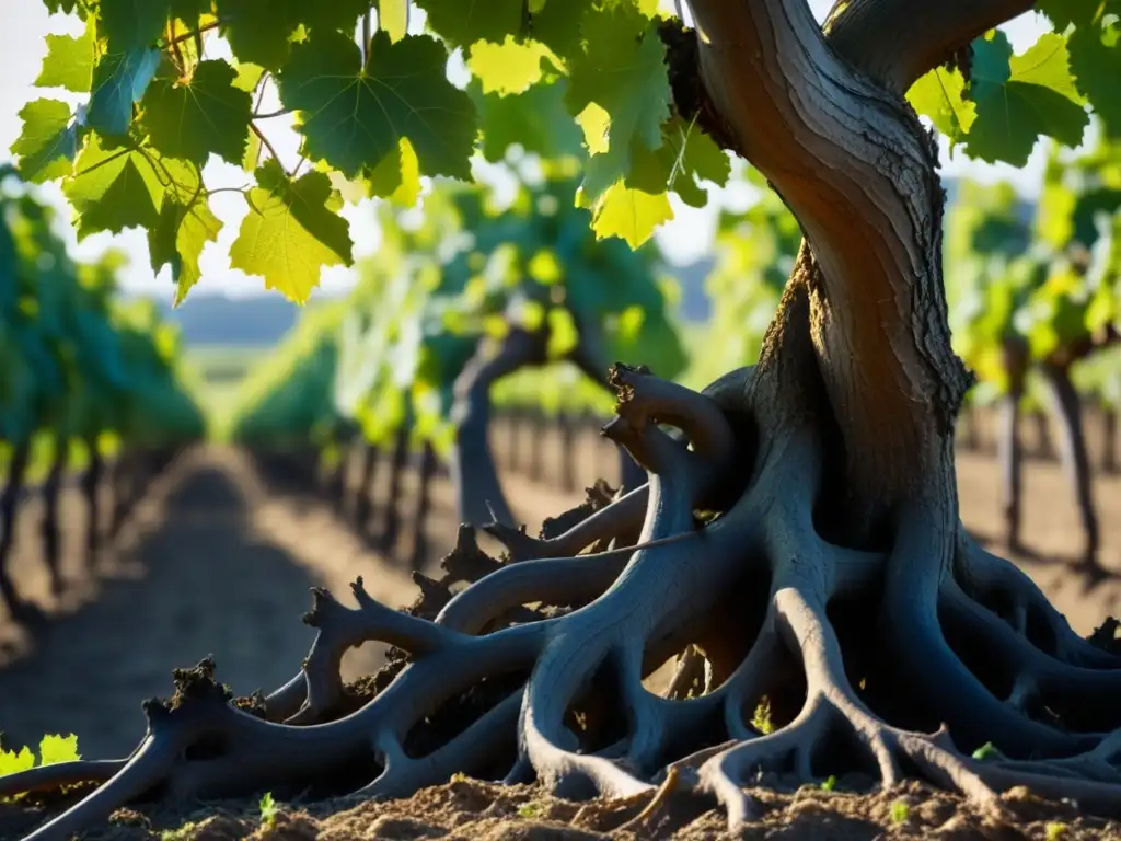 Raíces antiguas de vides entrelazadas en un viñedo soleado, reflejando la influencia cultural de los vinos antiguos