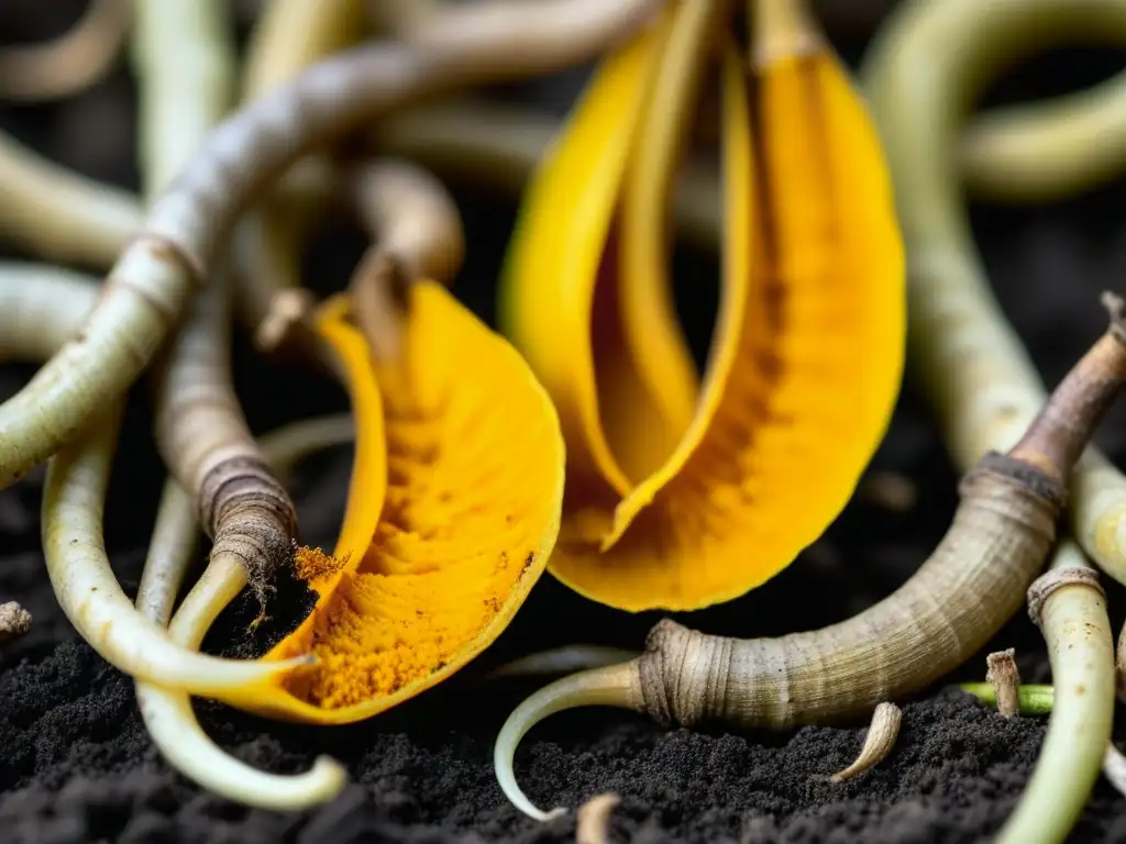 Raíces de cúrcuma dorada recién extraídas de la tierra, demostrando la belleza cruda de esta especia curativa antigua