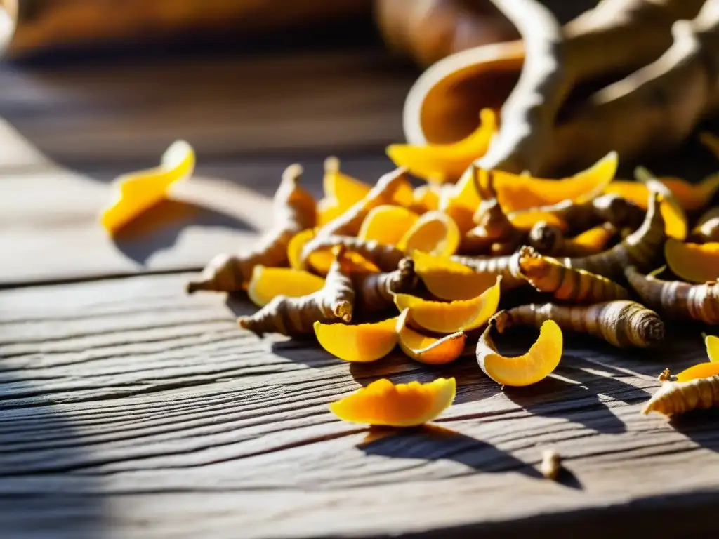 Raíces de cúrcuma recién cosechadas en una mesa de madera rústica, bañadas por la luz solar