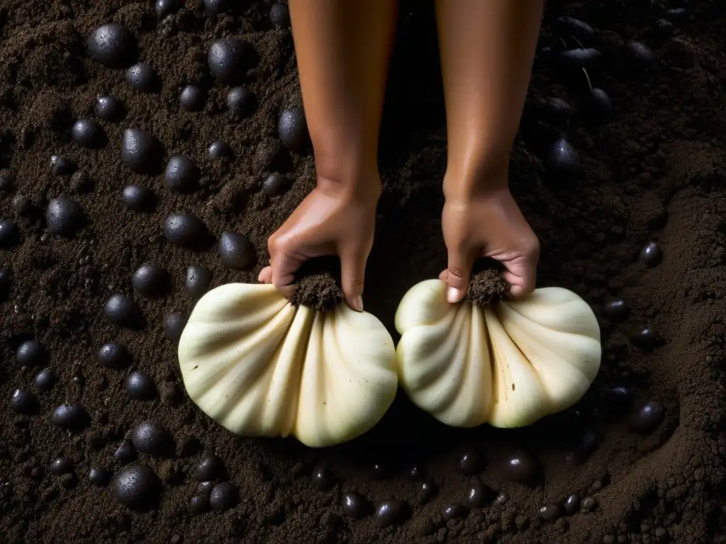 Raíces de taro recién cosechadas, cubiertas de tierra húmeda y gotas de agua, destacando texturas y colores terrosos