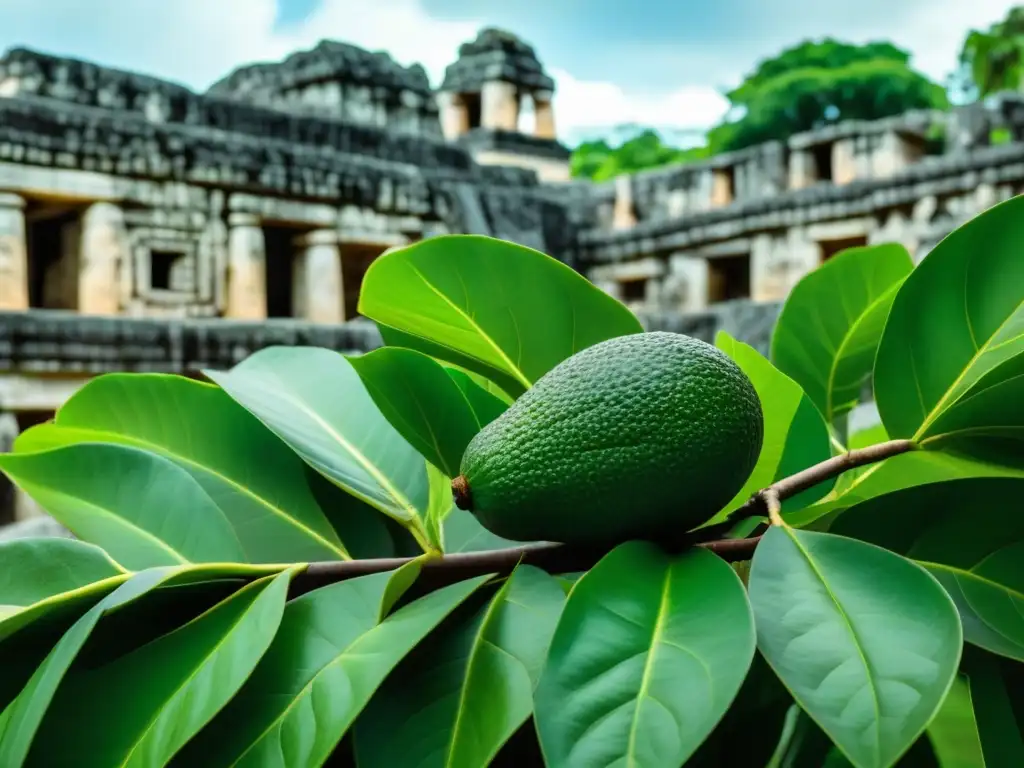 Una rama de aguacate en las ruinas mayas, fusionando naturaleza y arquitectura en el uso culinario del aguacate por la civilización Maya