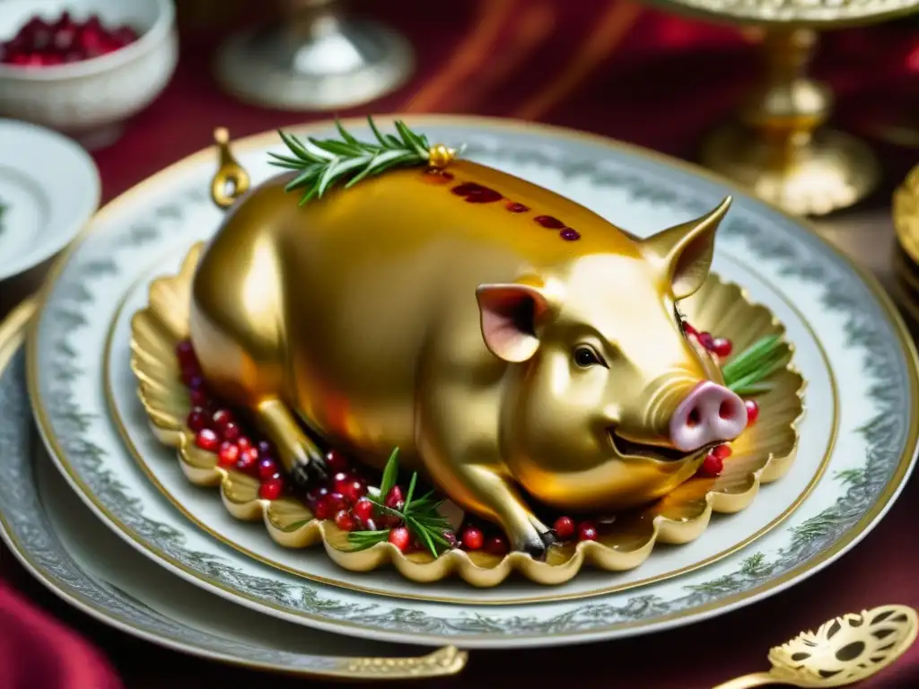 Banquete real español: lechón dorado con granada y romero Un festín real español: cochinillo asado en plato de plata, granadas, romero y lujo en mesa real