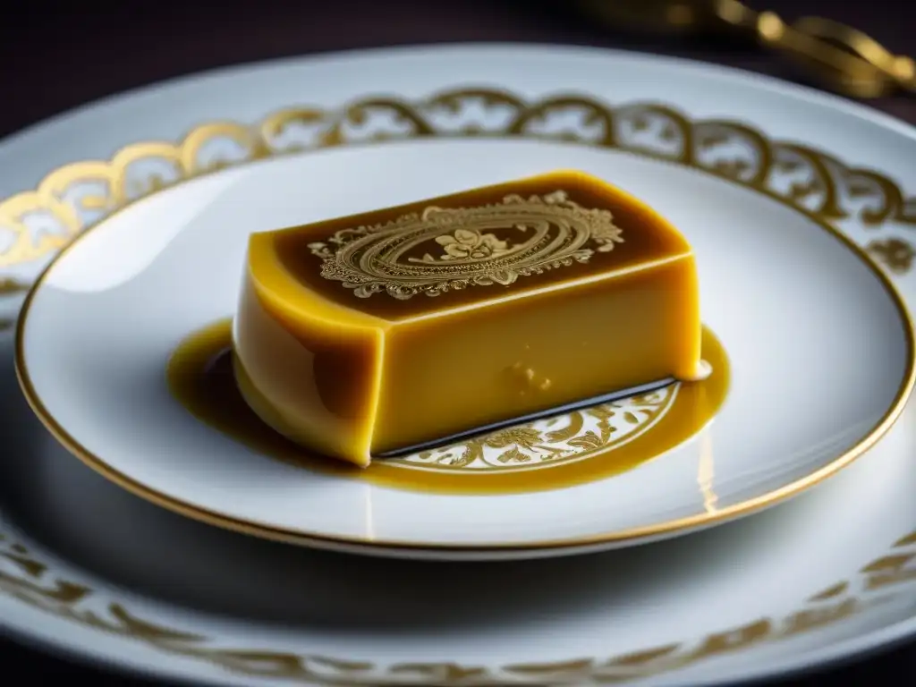 Una rebanada de foie gras dorado sobre porcelana barroca, reflejando elegancia y opulencia