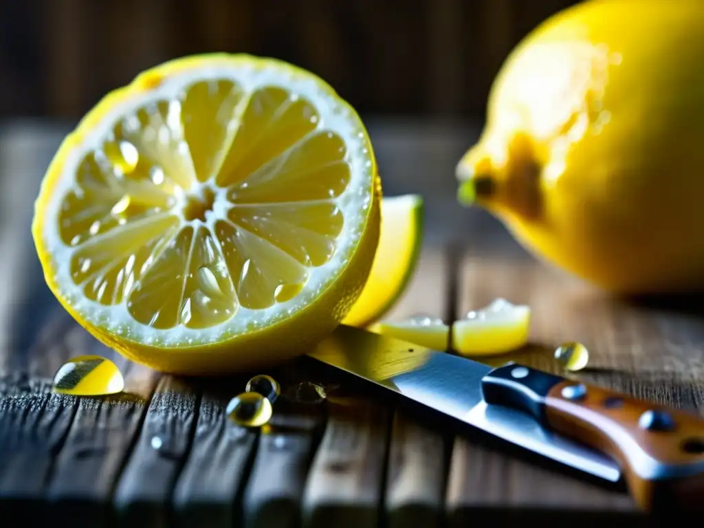 Rebanada de limón fresco sobre tabla de madera, detalle de cítricos en gastronomía renacentista