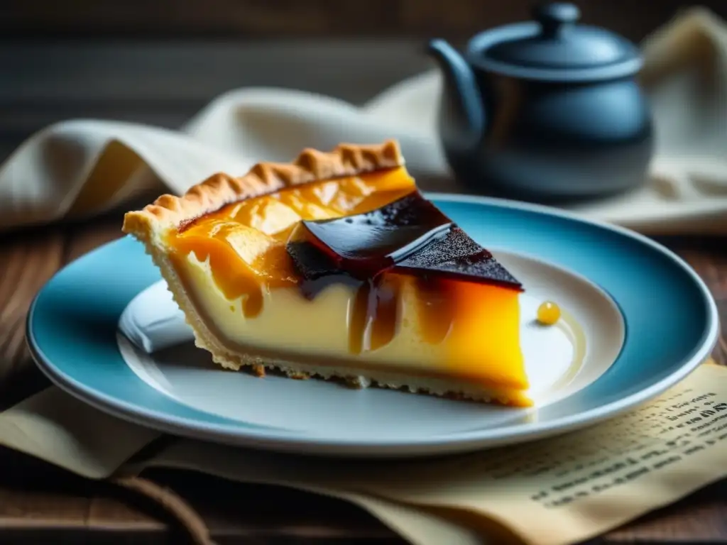 Una rebanada de pastel de vinagre de la Gran Depresión, con textura brillante y corteza dorada, sobre una tarjeta de receta vintage