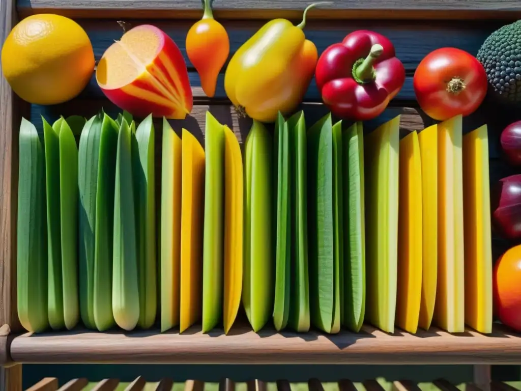 Rebanadas de frutas y verduras coloridas en secadero de madera bajo el sol