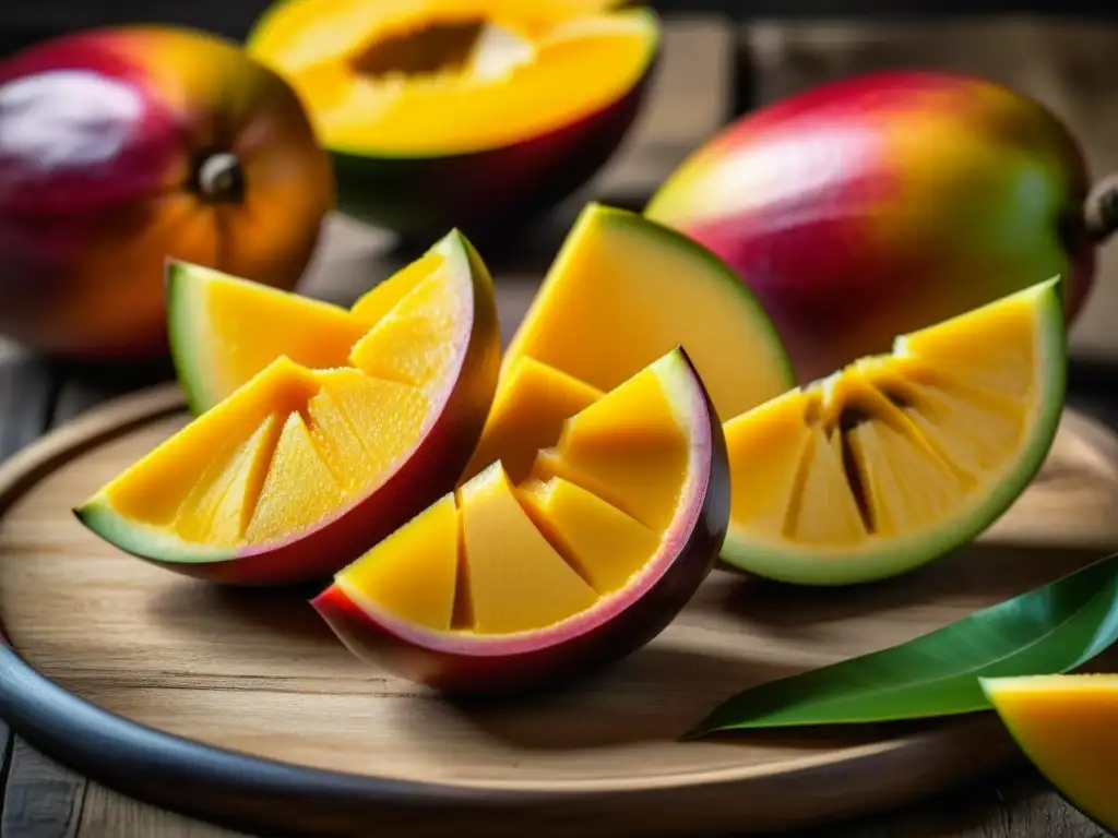 Rebanadas de mango jugoso en una mesa rústica, resaltando la importancia cultural del mango en la cocina americana