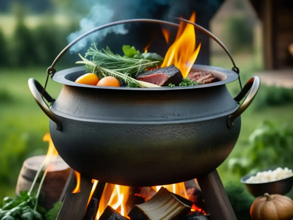 Receta ancestral en cazo medieval: hierbas, verduras y carne cocinándose a fuego lento al aire libre