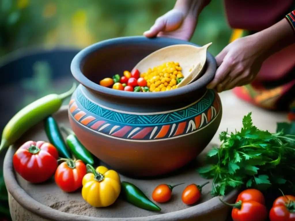 Receta ancestral: olla prehispánica llena de coloridos ingredientes, evocando rituales culinarios prehispánicos significado