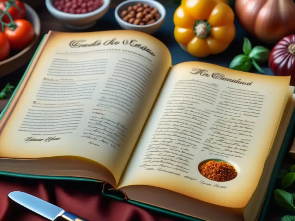 Una receta emblemática de la época dorada plasmada en un antiguo libro de cocina vintage, con ingredientes detalladamente dispuestos alrededor