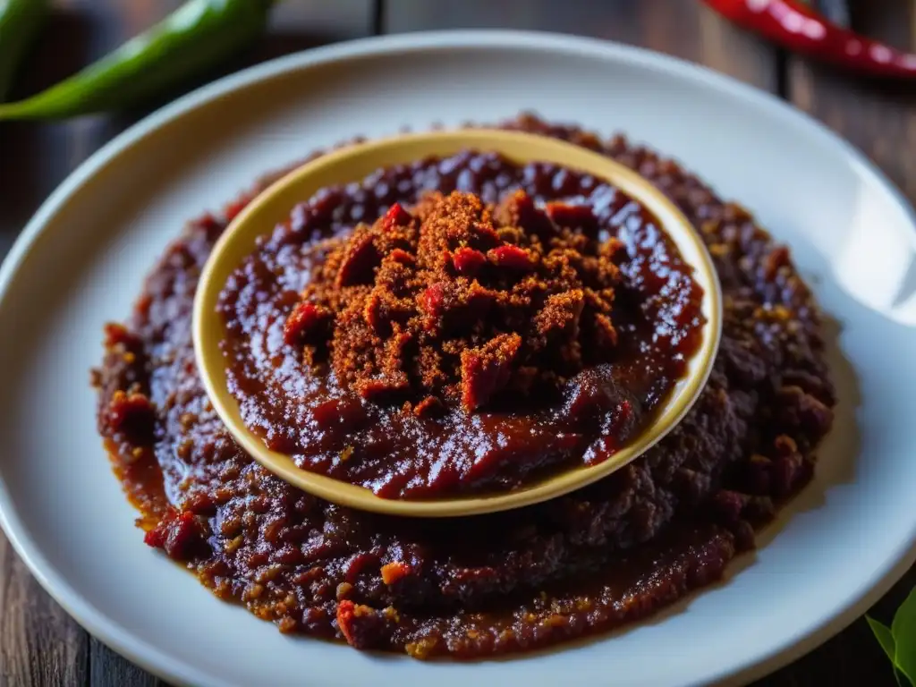 Harissa receta historia cultural: Detalle de pasta roja Harissa siendo añadida con cuidado a un plato, mostrando su textura y color intenso