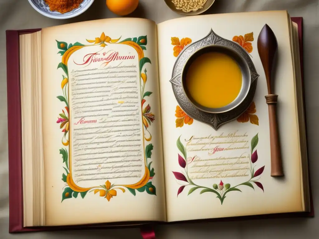 Una receta histórica de cocinas medievales, detallada en un antiguo libro con ilustraciones y caligrafía exquisita