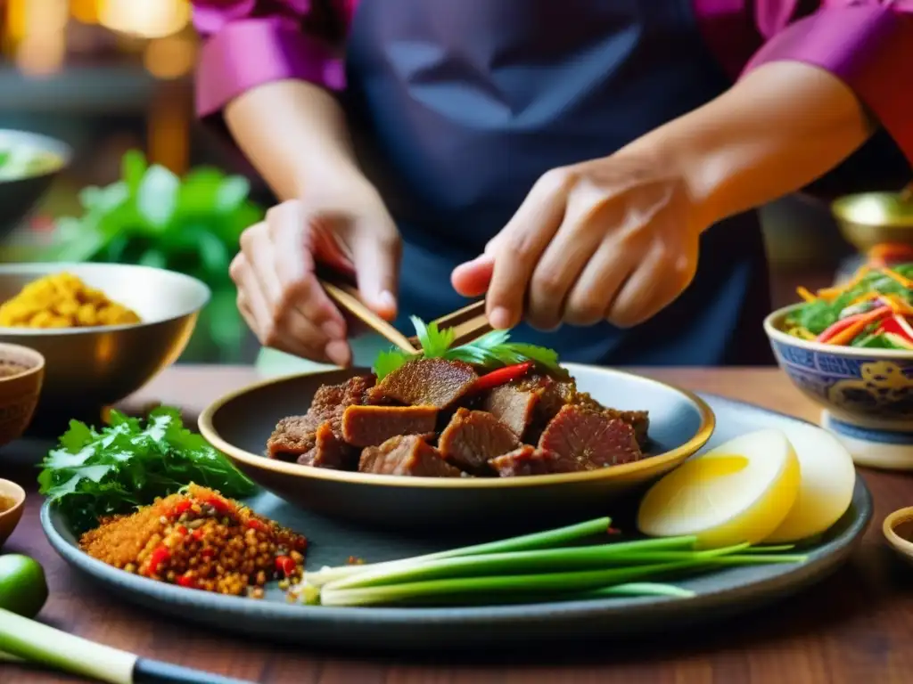 Cocinando una receta histórica de la cultura asiática con ingredientes vibrantes en un mercado bullicioso