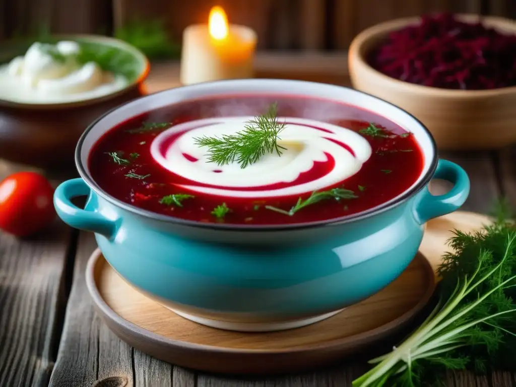 Receta histórica de la cultura rusa: Borscht humeante con crema agria y eneldo fresco en una mesa de madera en invierno