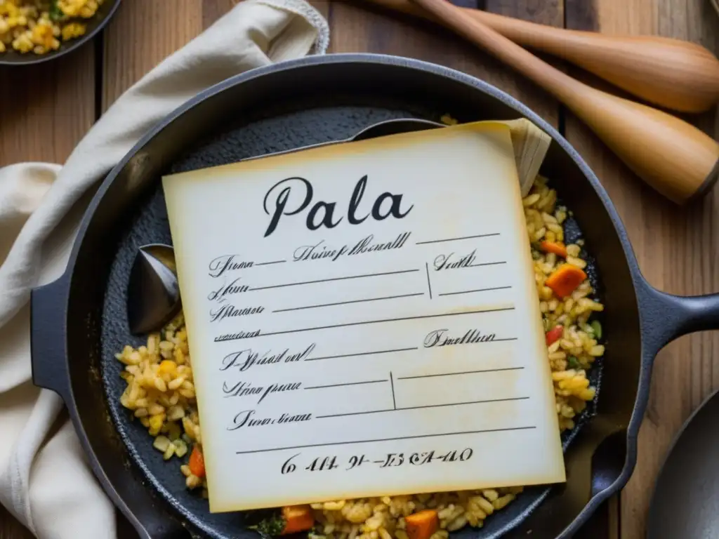 Receta histórica cultural contextualizada de paella en tarjeta escrita, rodeada de utensilios de cocina antiguos en mesa rústica con luz natural