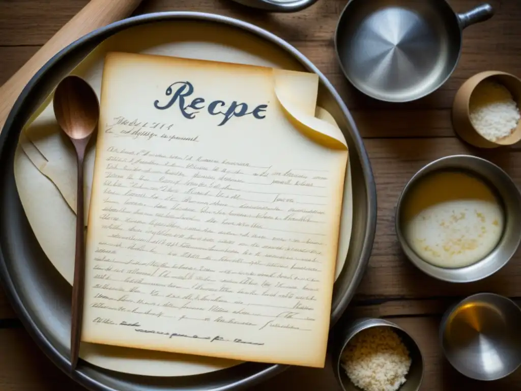 Una receta histórica escrita a mano en papel envejecido rodeada de utensilios de cocina vintage