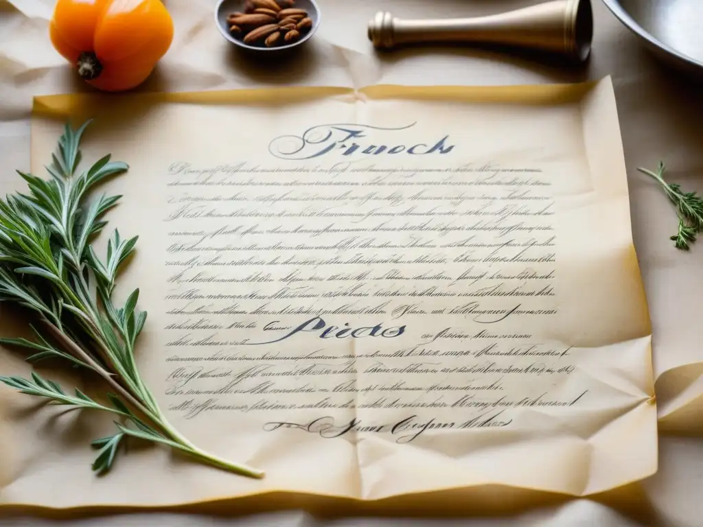 Receta histórica francesa en pergamino antiguo con hierbas y especias