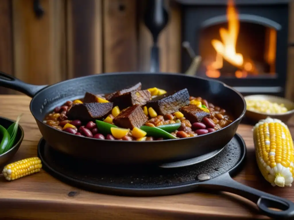 Receta histórica de la frontera Oeste del siglo XIX: una cazuela burbujeante en una cocina rústica iluminada por el fuego