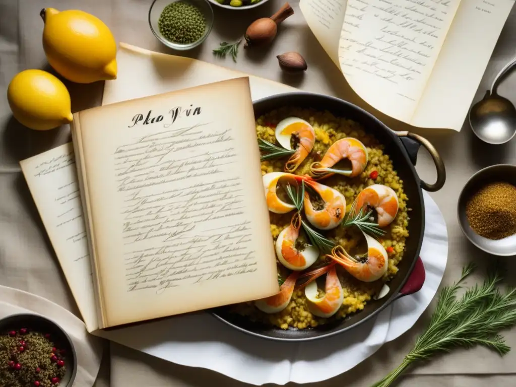 Receta histórica de paella en libro vintage con especias