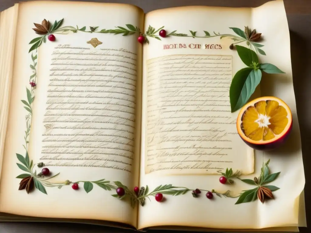 Receta histórica renacimiento: Detalles intrincados de un antiguo libro de cocina con ingredientes exóticos y caligrafía meticulosa