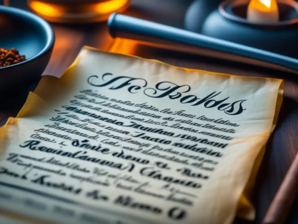 Receta histórica del siglo XVIII con caligrafía detallada Una receta histórica de la Revolución del siglo XVIII, con caligrafía detallada y tinta desgastada en pergamino envejecido
