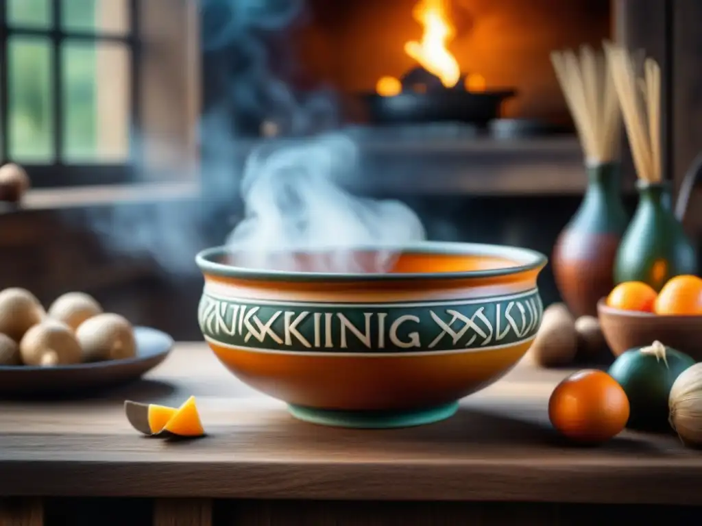 Receta histórica vikinga: tazón de cerámica con estofado vikingo tradicional humeante y detallados símbolos nórdicos