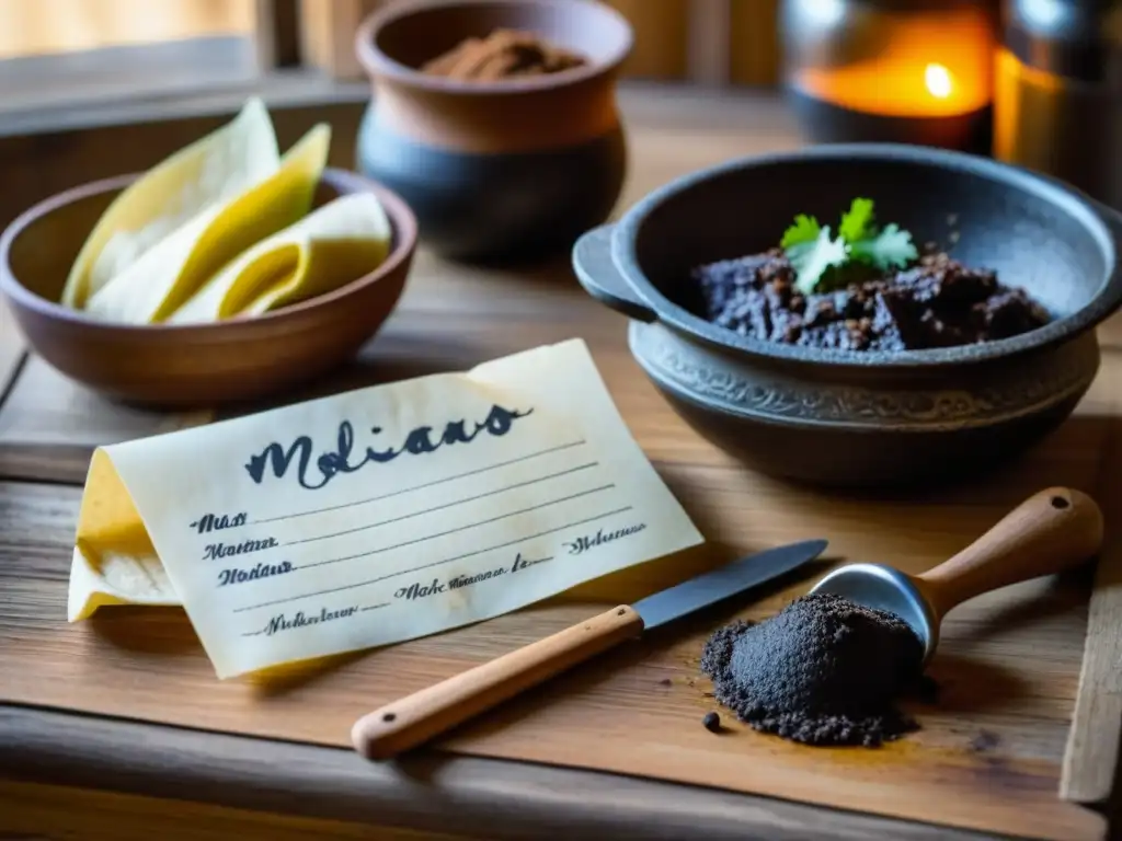 Una receta de mole poblano en una tarjeta antigua, rodeada de utensilios de cocina vintage