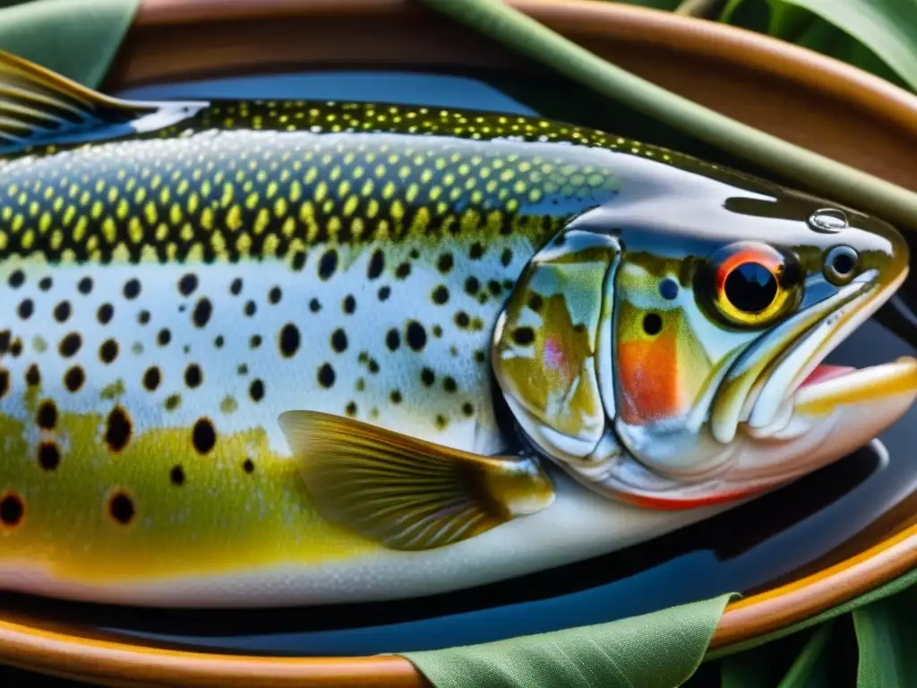 Receta de pescado del lago Sevan en Armenia: Detalle de una trucha recién pescada resplandeciendo bajo la luz natural