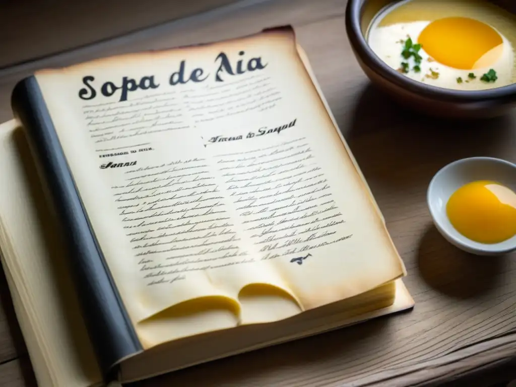 Una receta de 'Sopa de ajo' escrita a mano en un libro vintage en una mesa de madera