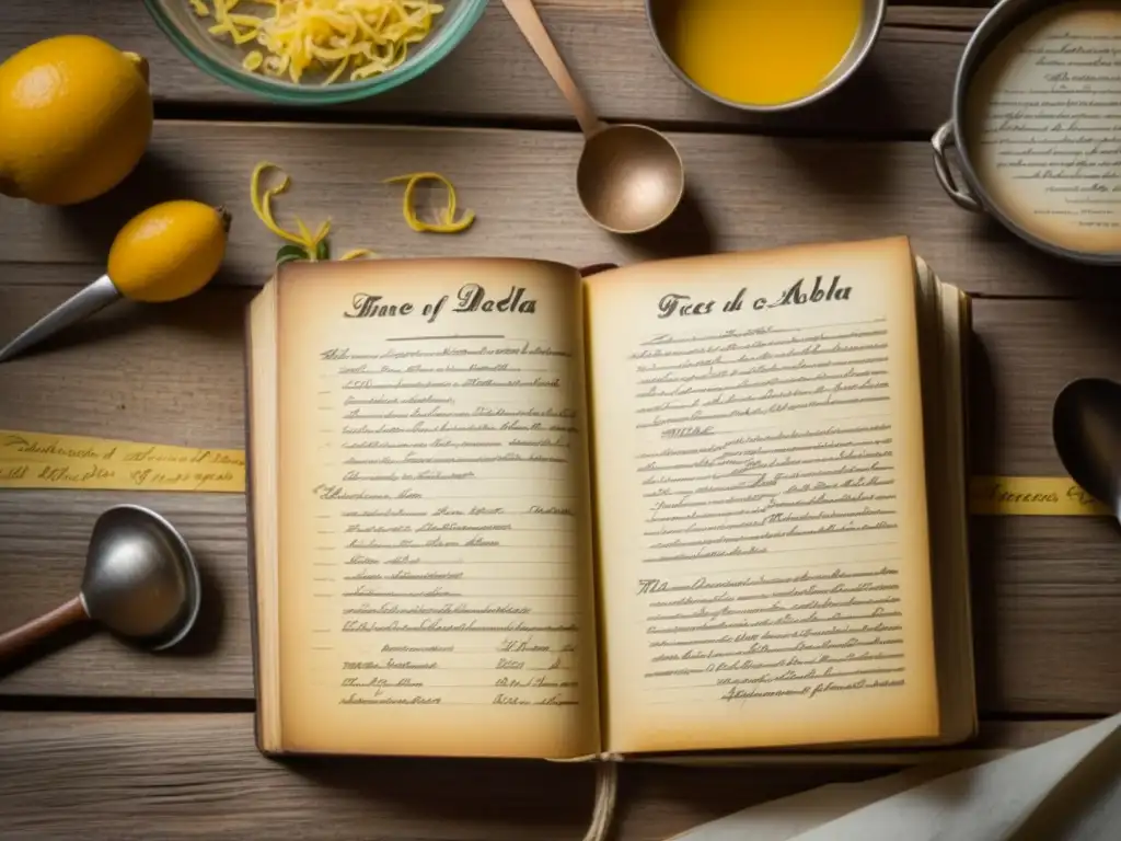 Receta tradicional de la abuela en libro antiguo, rodeado de utensilios vintage