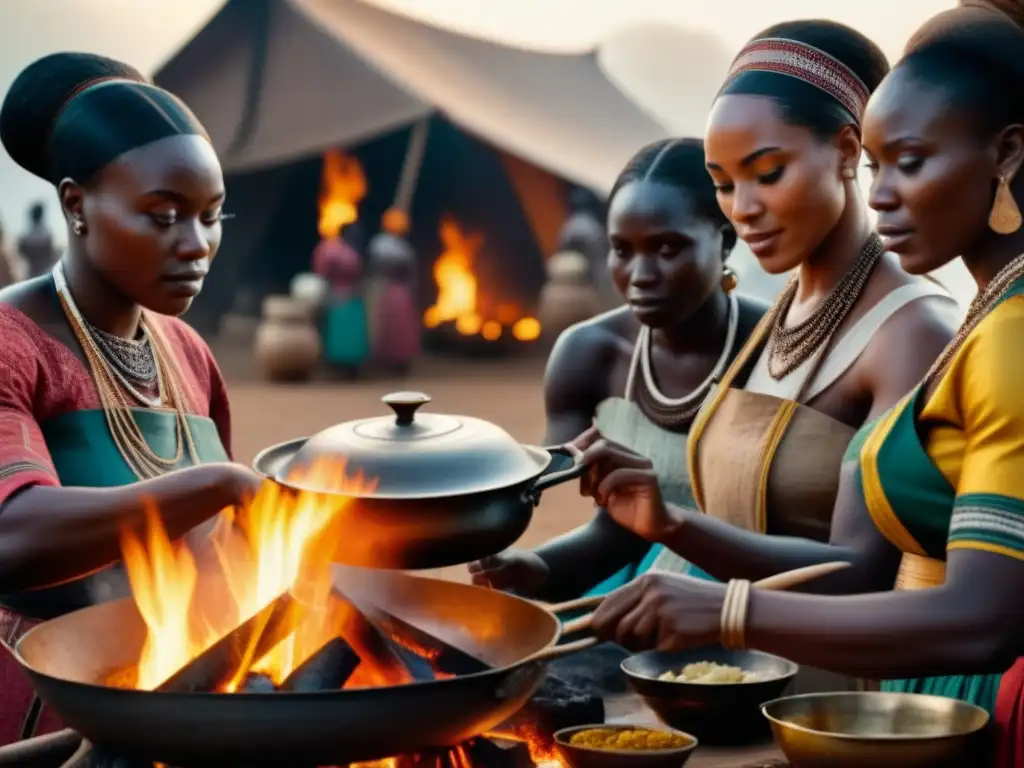 Recetas ancestrales de África precolonial: Mujeres africanas cocinando platos tradicionales alrededor de una fogata