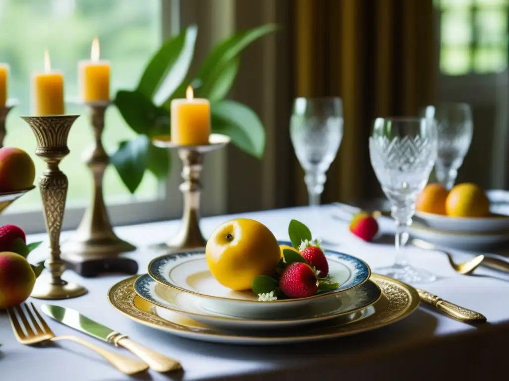 Recetas emblemáticas época dorada: Detalle exquisito de mesa elegante con vajilla y decoración lujosa, bañada en luz natural