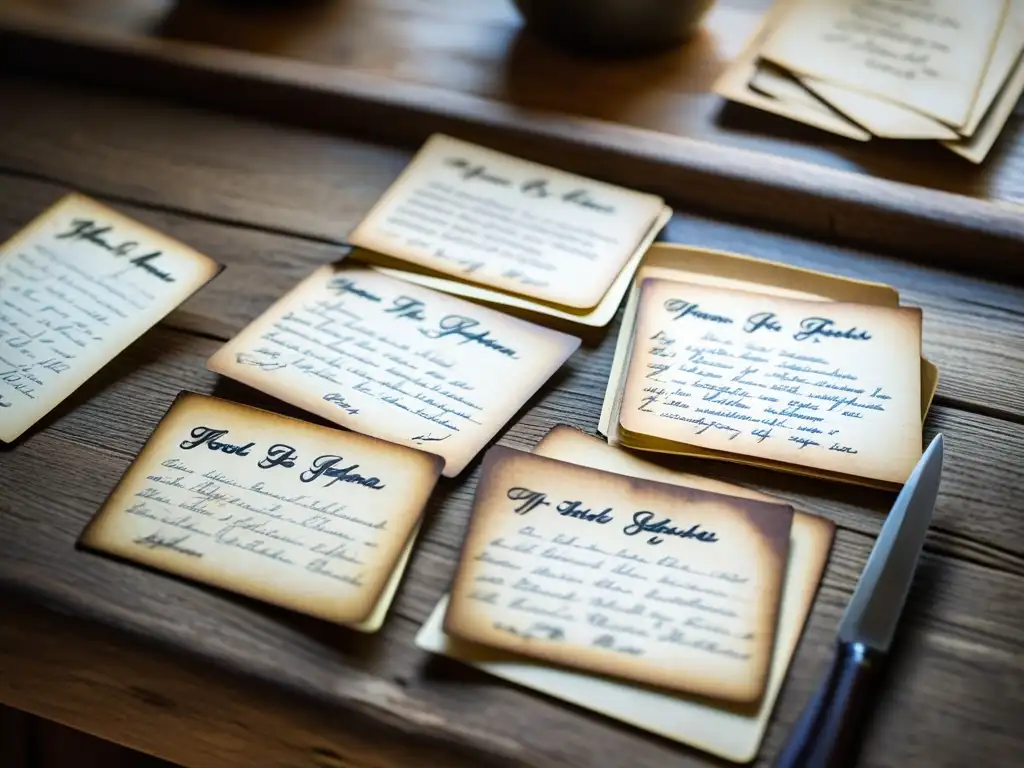 Recetas familiares Gran Depresión: Viejas recetas manuscritas en tarjetas sobre mesa de cocina de madera desgastada