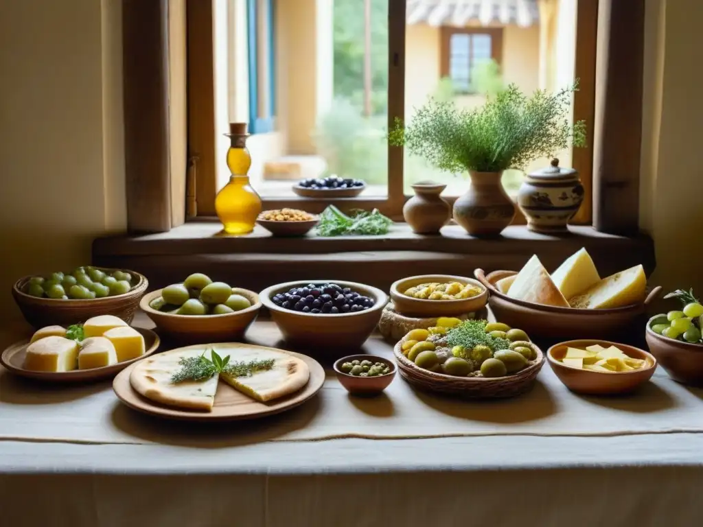 Recetas históricas campesinas bizantinas: Mesa rústica con platillos auténticos y detallados, resaltados por la luz natural