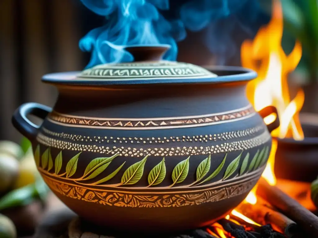 Recetas históricas cocina africana: Olla de barro africana sobre fuego, con especias y hierbas, rodeada de ingredientes coloridos