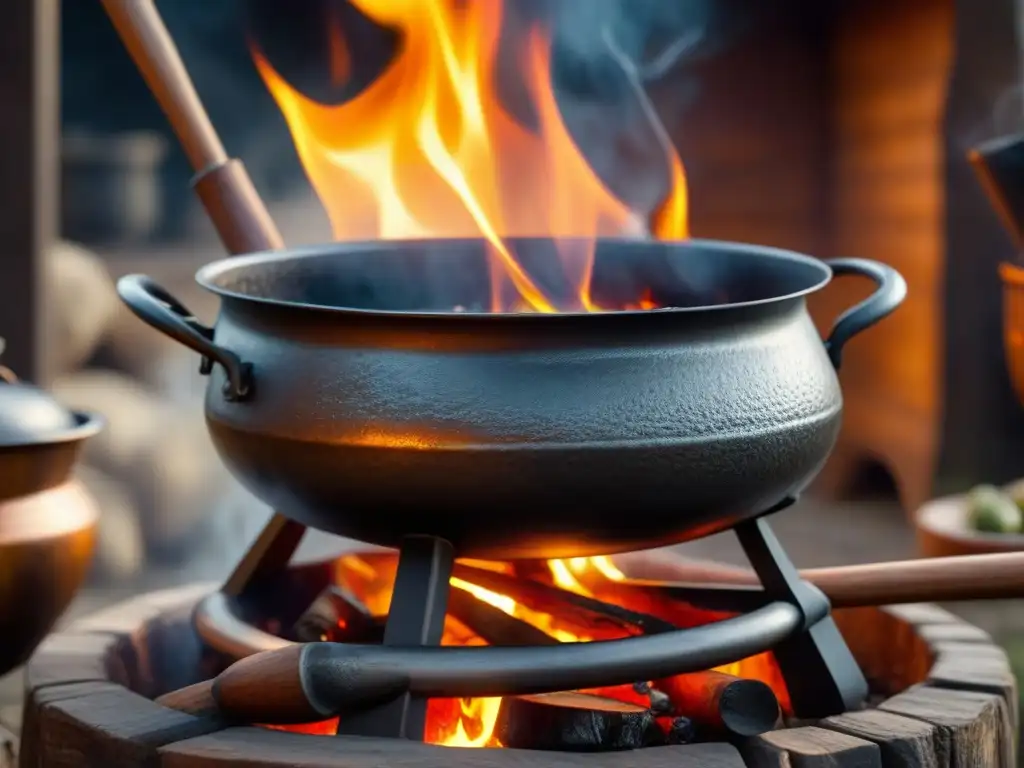 Cocina medieval: caldero de hierro sobre fuego Recetas históricas cocinadas al fuego en un caldero de hierro, evocando culturas y épocas de relevancia