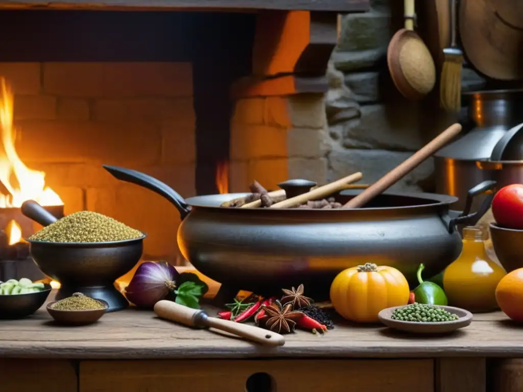 Recetas históricas cultura gastronomía épocas: Detalle de una cocina medieval con ingredientes y utensilios de la época, iluminada por velas