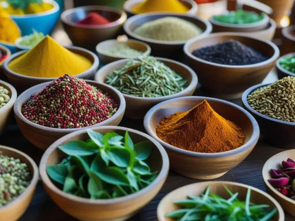 Especias de Uzbekistán: colores vibrantes y sabores exóticos Recetas históricas cultura Uzbekistán: Especias y hierbas coloridas en cuencos de madera en un mercado bullicioso