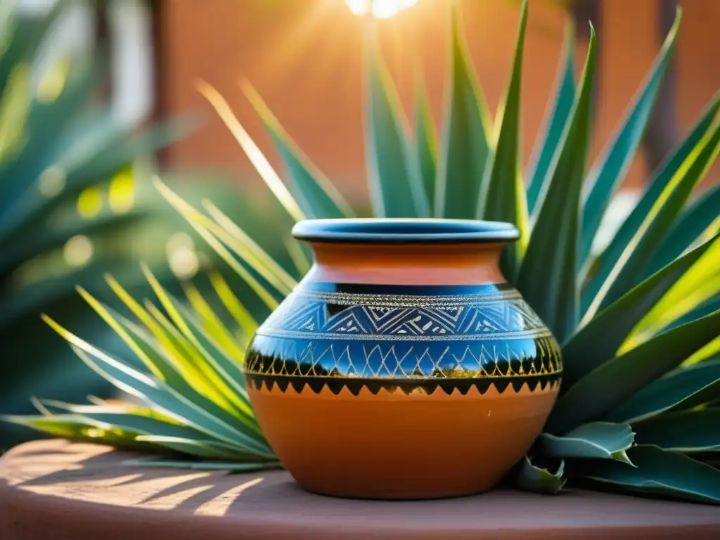 Recetas históricas México prehispánico: Detalle de olla de barro con tepache burbujeante y agaves bajo el sol brillante