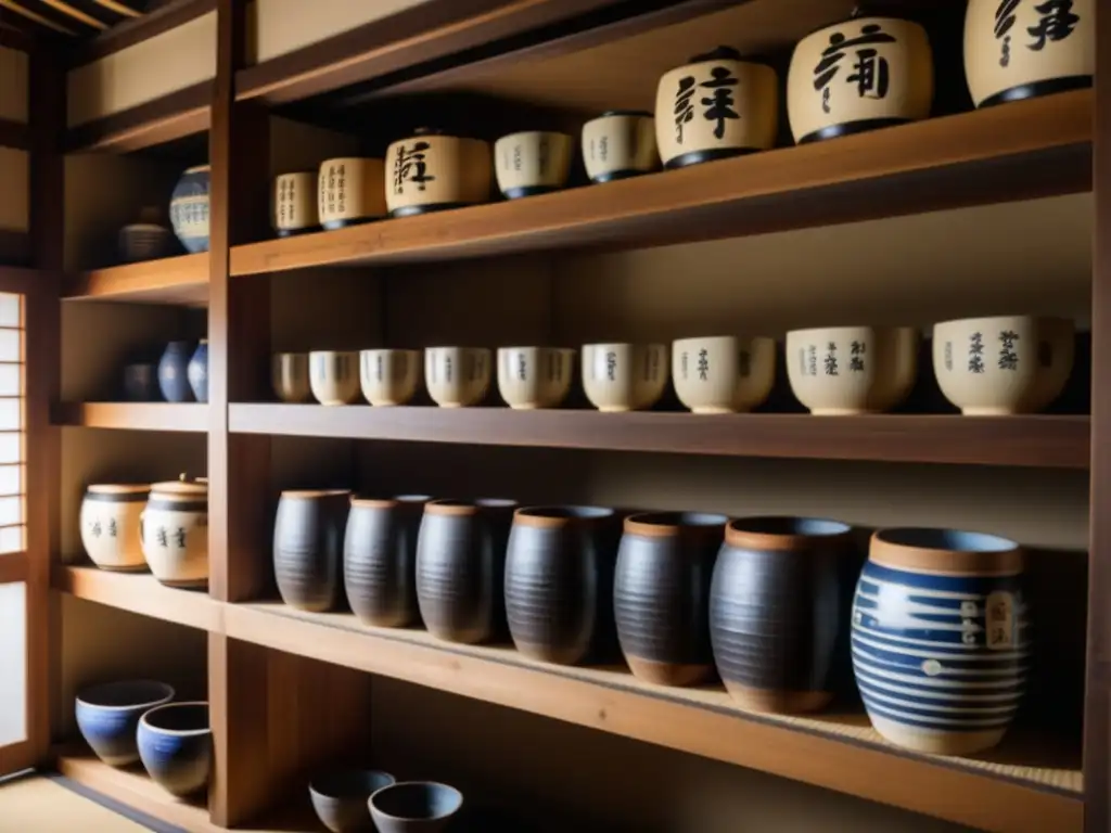 Recetas históricas fermentación Era Edo: Detalle de bodega japonesa con vasijas de cerámica y barriles de madera, iluminados por luz solar