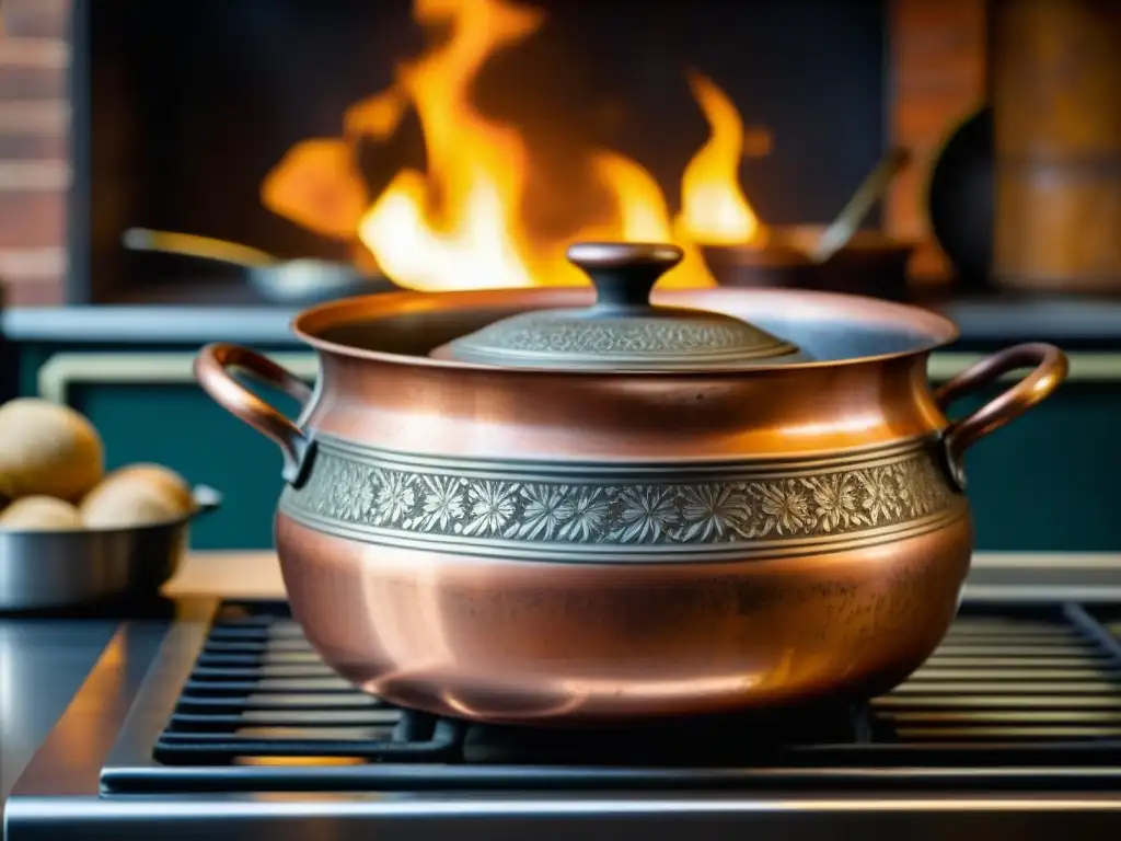 Recetas históricas Europa Industrial: Imagen detallada de una olla de cobre antigua en una cocina del siglo XIX