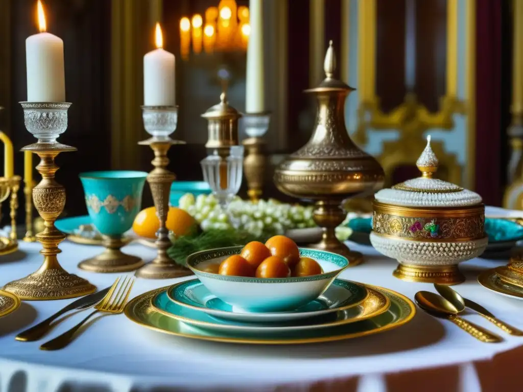 Recetas históricas zar Nicolás II: Mesa lujosa en palacio ruso con banquetes opulentos y exquisita comida tradicional