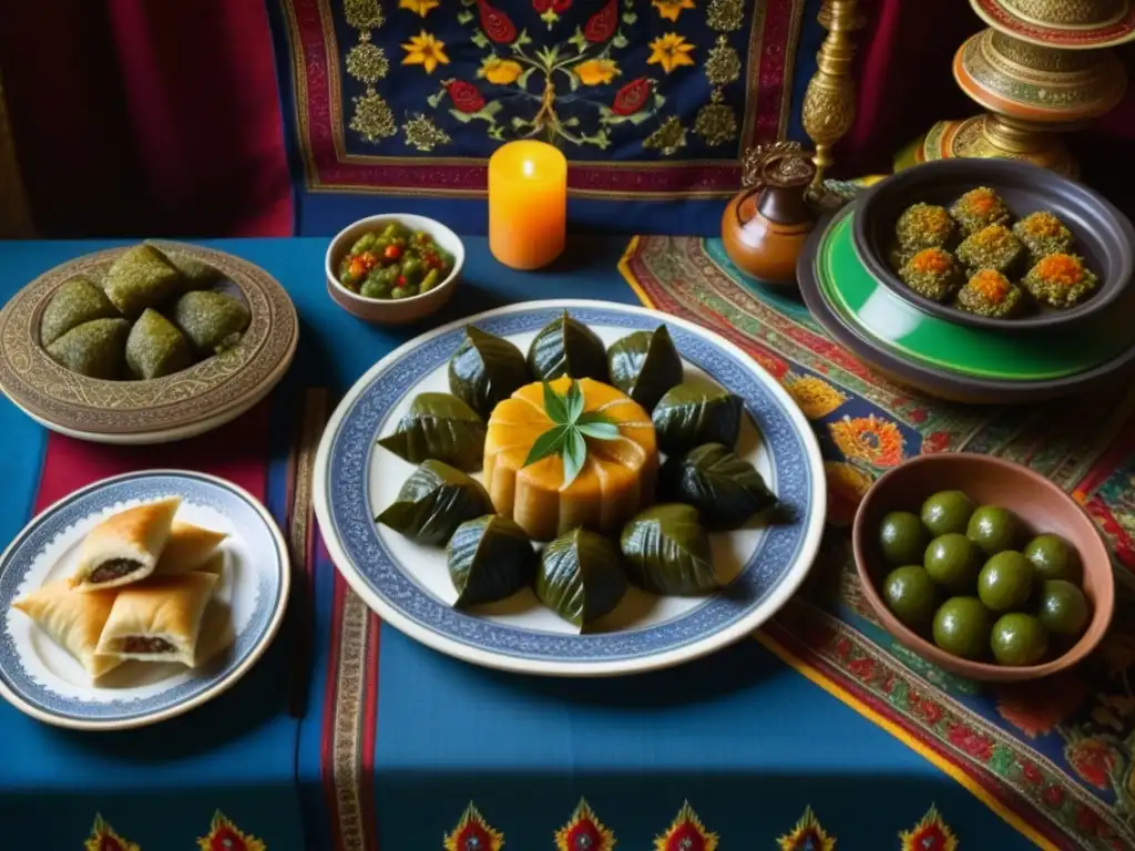 Recetas históricas Armenia evolución mesa: Mesa armenia medieval con exquisitos platos y decoración tradicional