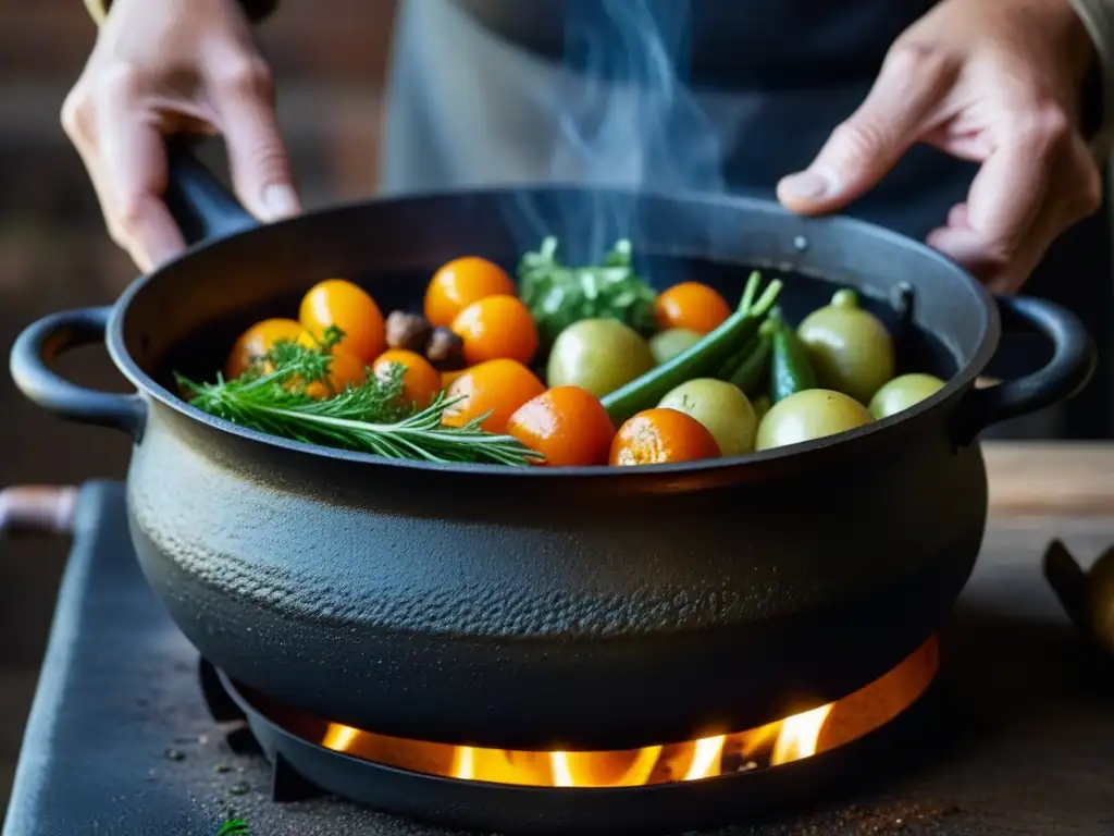 Recetas históricas con olla de hierro: Tradición culinaria centenaria en una cocina rústica