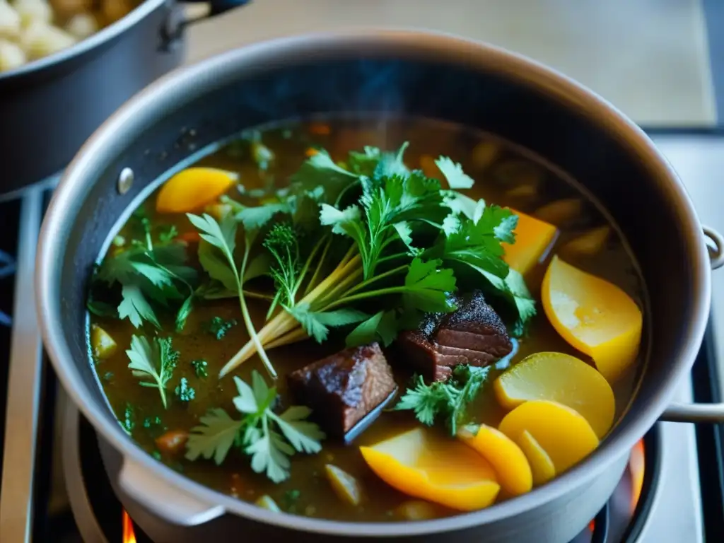 Recetas históricas con olla de hierro: un guiso burbujeante en una olla tradicional en la estufa